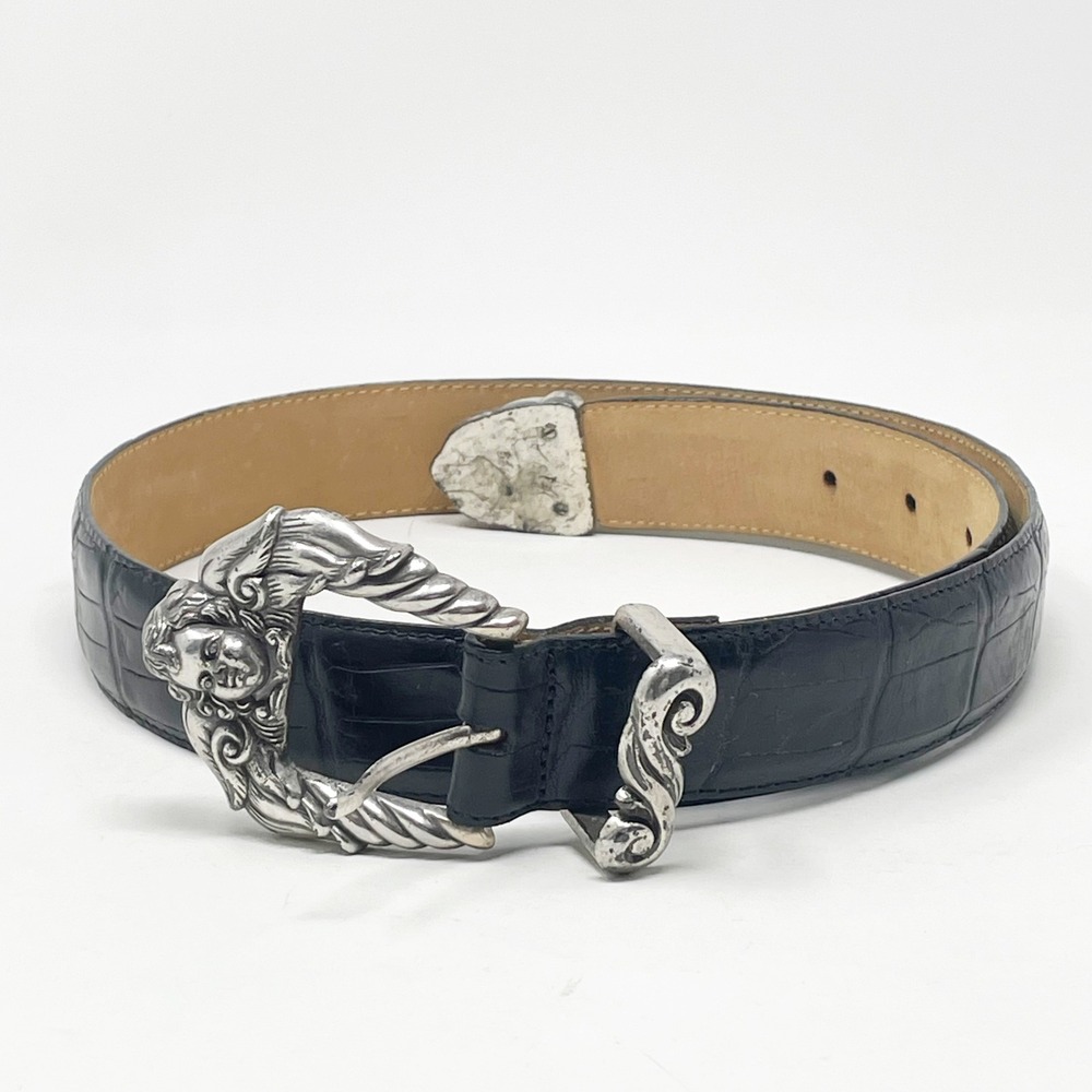 Brighton Cherub Angel Belt Women's M Black Croc Embossed Leather Silver Hardware